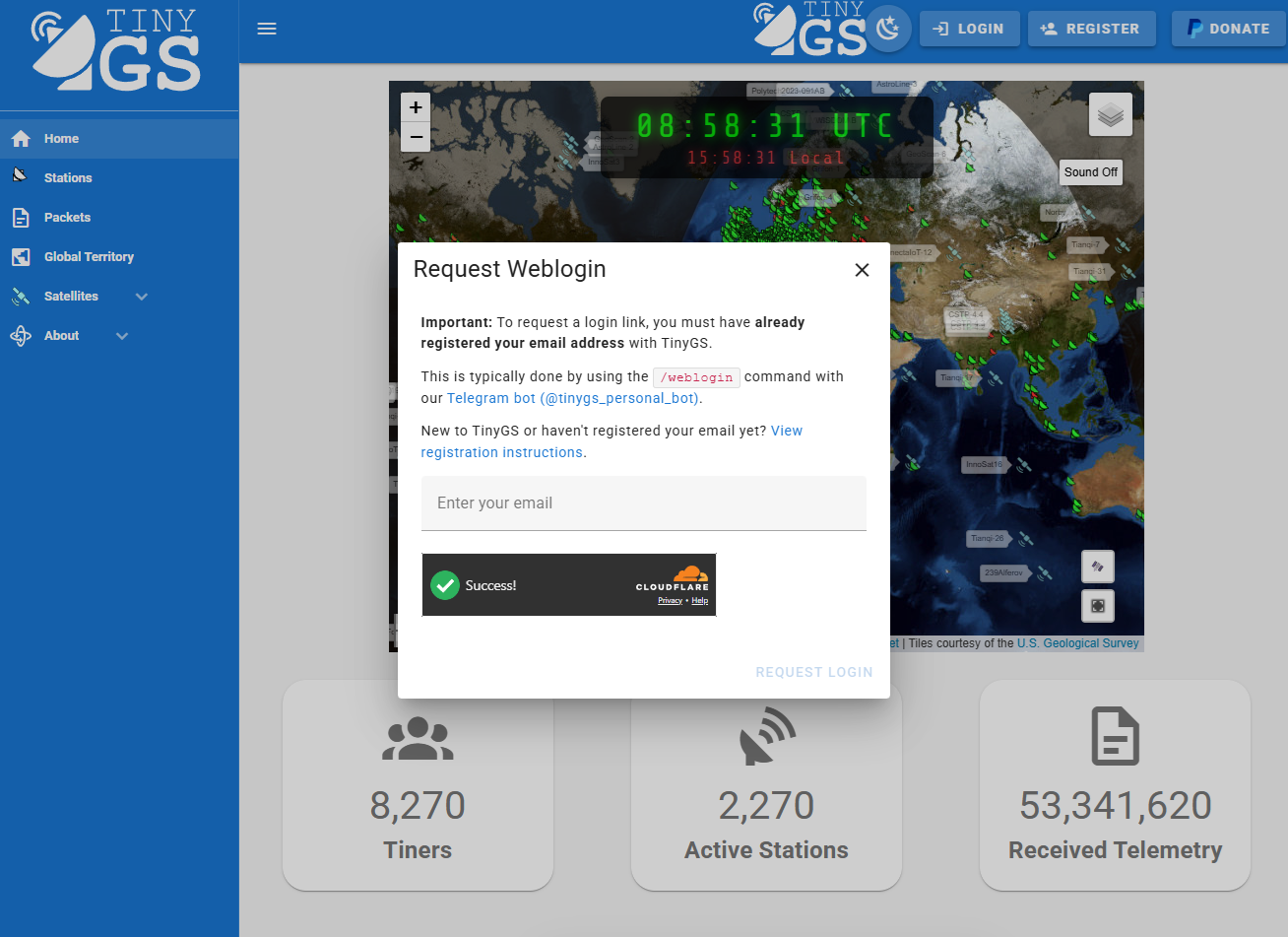 หน้าต่าง Request Weblogin (Login) ของ TinyGS บนเว็บไซต์ www.tinygs.com
