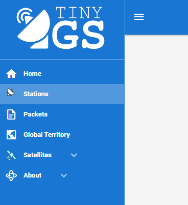 ตัวอย่าง Hamburger icon และเมนู Stations บน TinyGS