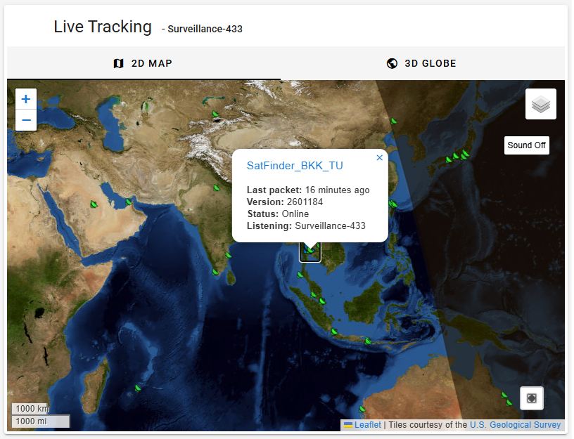 Live Tracking 2D MAP ของ TinyGS พร้อมปุ่มซูม เลเยอร์ Radar และตัวอย่าง popup สถานี