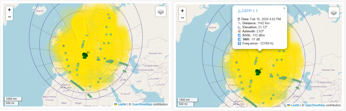 Coverage Map ของ TinyGS แสดงพื้นที่ครอบคลุม วงมุมเงย และจุดแพ็กเก็ตที่คลิกดูรายละเอียดได้